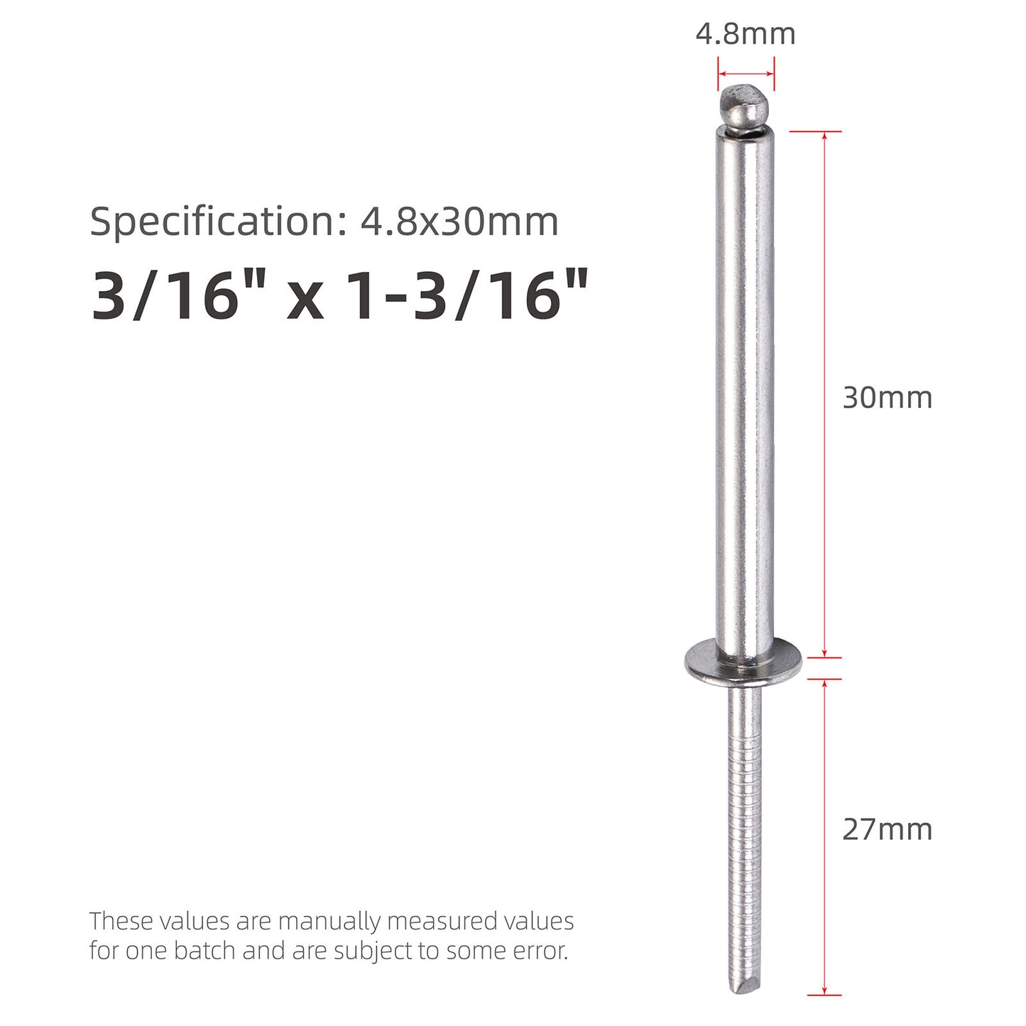 Stainless Steel Extra-Long Blind Rivets, Extended-Length Pop Rivets with Stainless Steel Body and Mandrel, Corrosion-Resistant