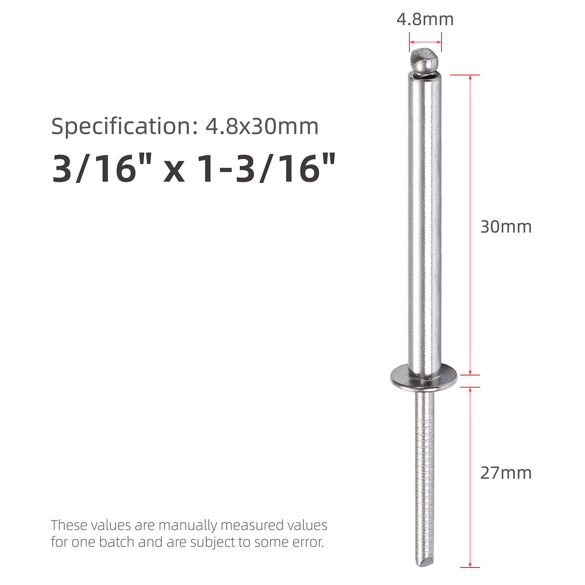 Stainless Steel Extra-Long Blind Rivets, Extended-Length Pop Rivets with Stainless Steel Body and Mandrel, Corrosion-Resistant