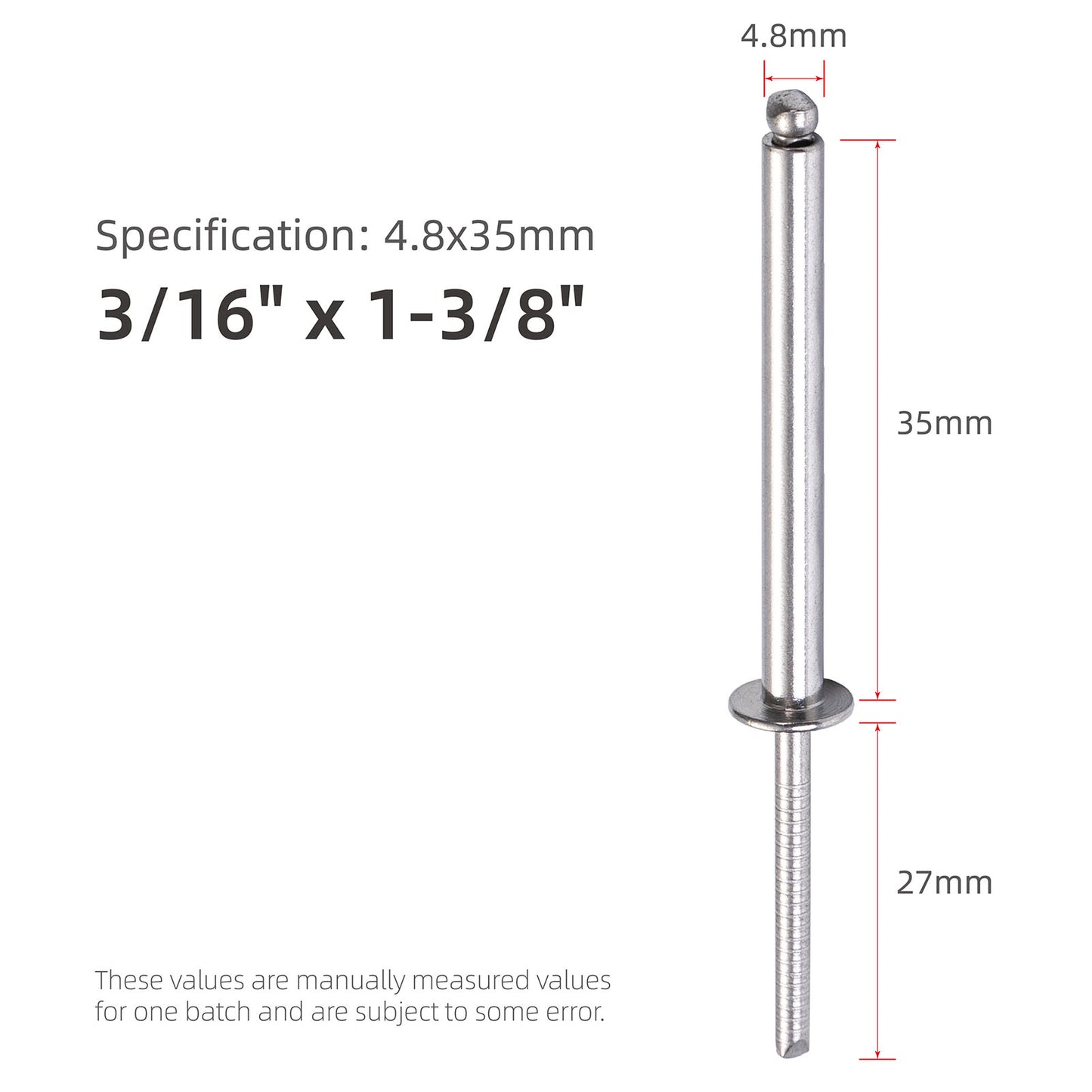 Stainless Steel Extra-Long Blind Rivets, Extended-Length Pop Rivets with Stainless Steel Body and Mandrel, Corrosion-Resistant
