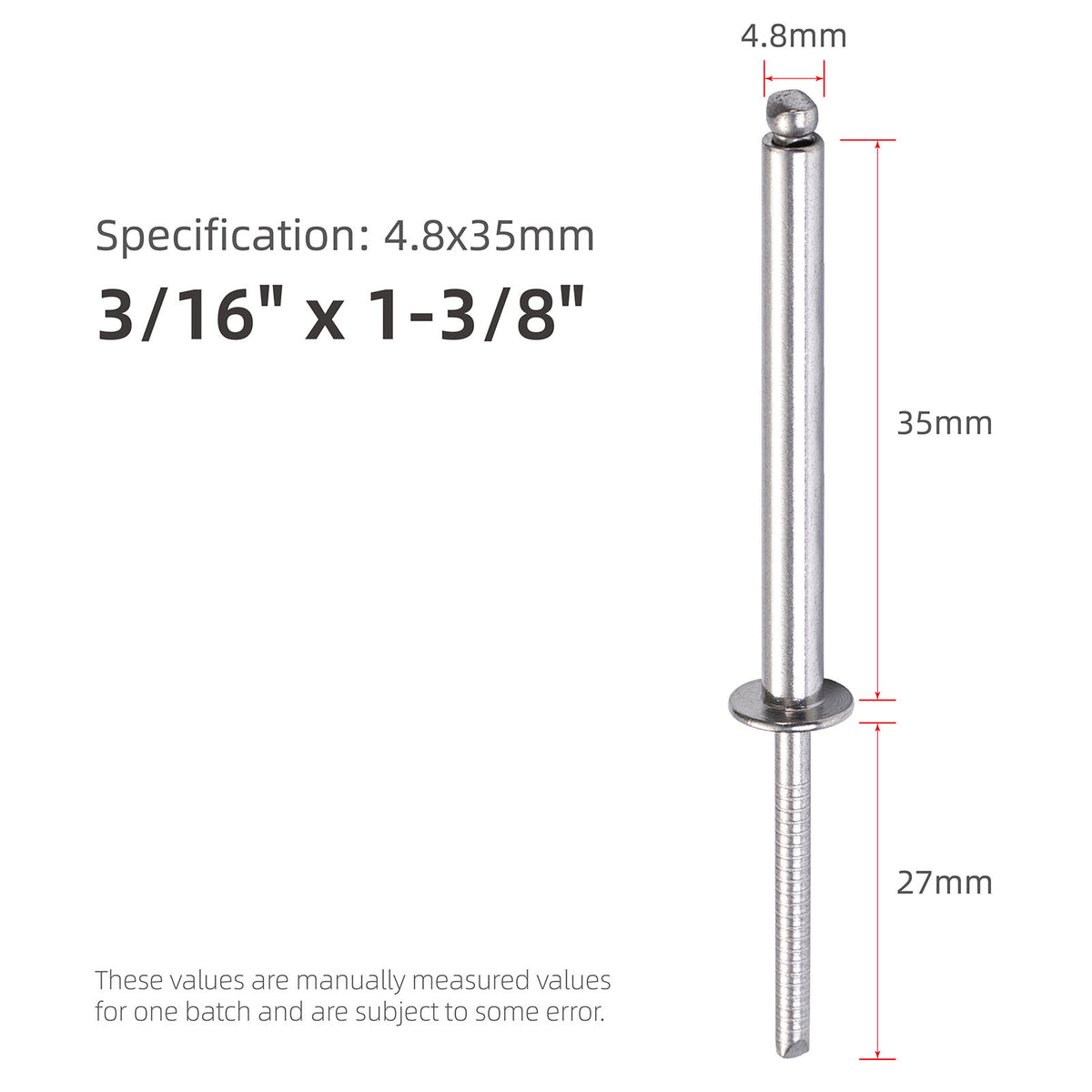 Stainless Steel Extra-Long Blind Rivets, Extended-Length Pop Rivets with Stainless Steel Body and Mandrel, Corrosion-Resistant