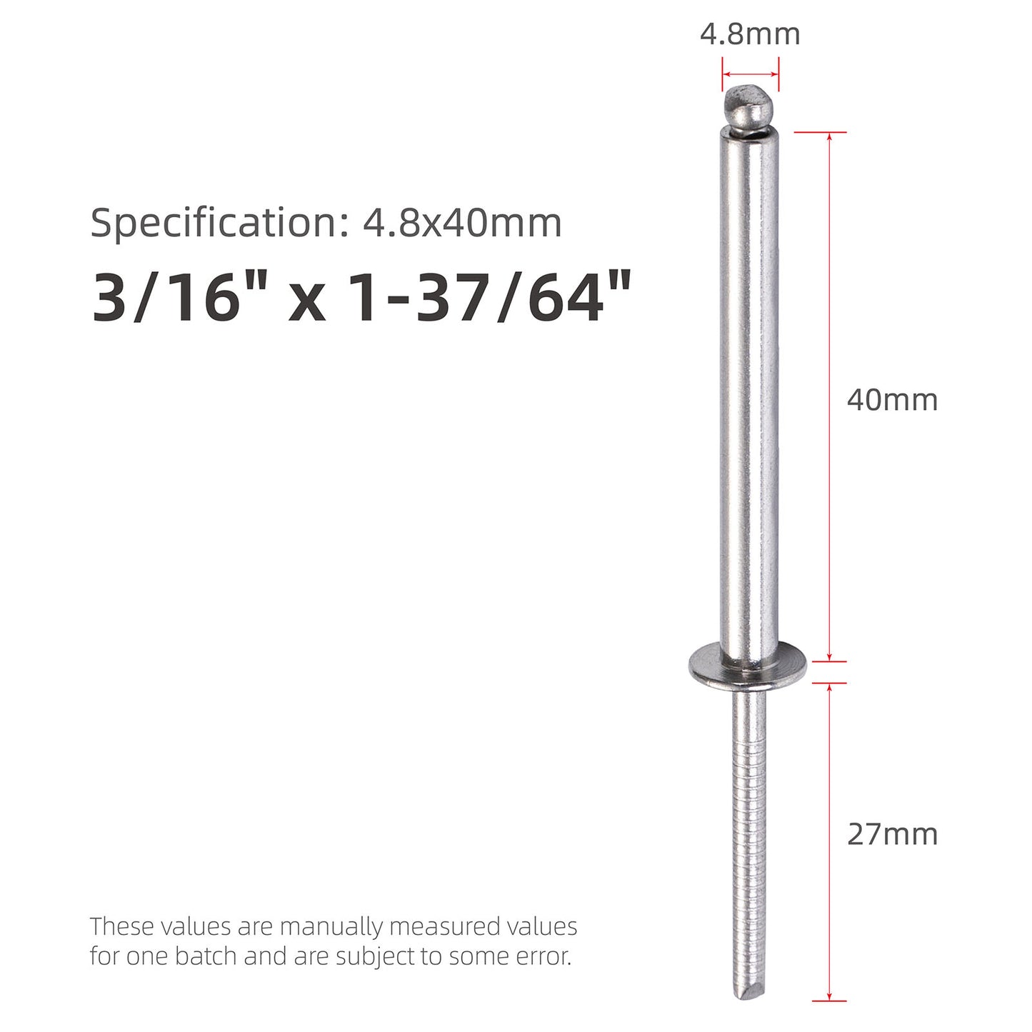 Stainless Steel Extra-Long Blind Rivets, Extended-Length Pop Rivets with Stainless Steel Body and Mandrel, Corrosion-Resistant