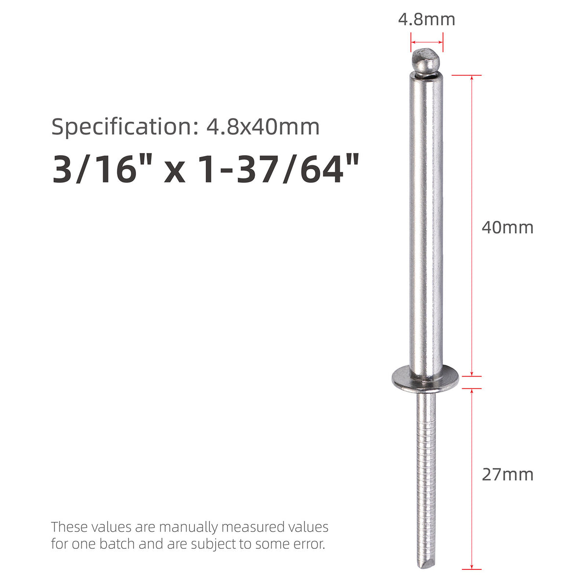 Stainless Steel Extra-Long Blind Rivets, Extended-Length Pop Rivets with Stainless Steel Body and Mandrel, Corrosion-Resistant