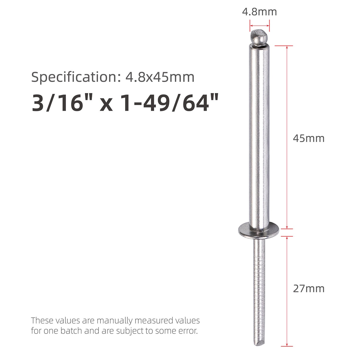 Stainless Steel Extra-Long Blind Rivets, Extended-Length Pop Rivets with Stainless Steel Body and Mandrel, Corrosion-Resistant