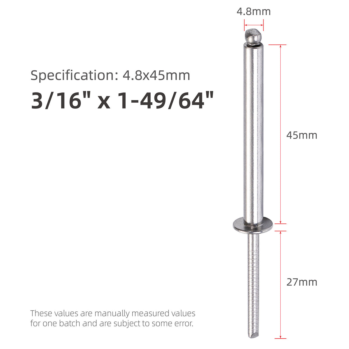 Stainless Steel Extra-Long Blind Rivets, Extended-Length Pop Rivets with Stainless Steel Body and Mandrel, Corrosion-Resistant