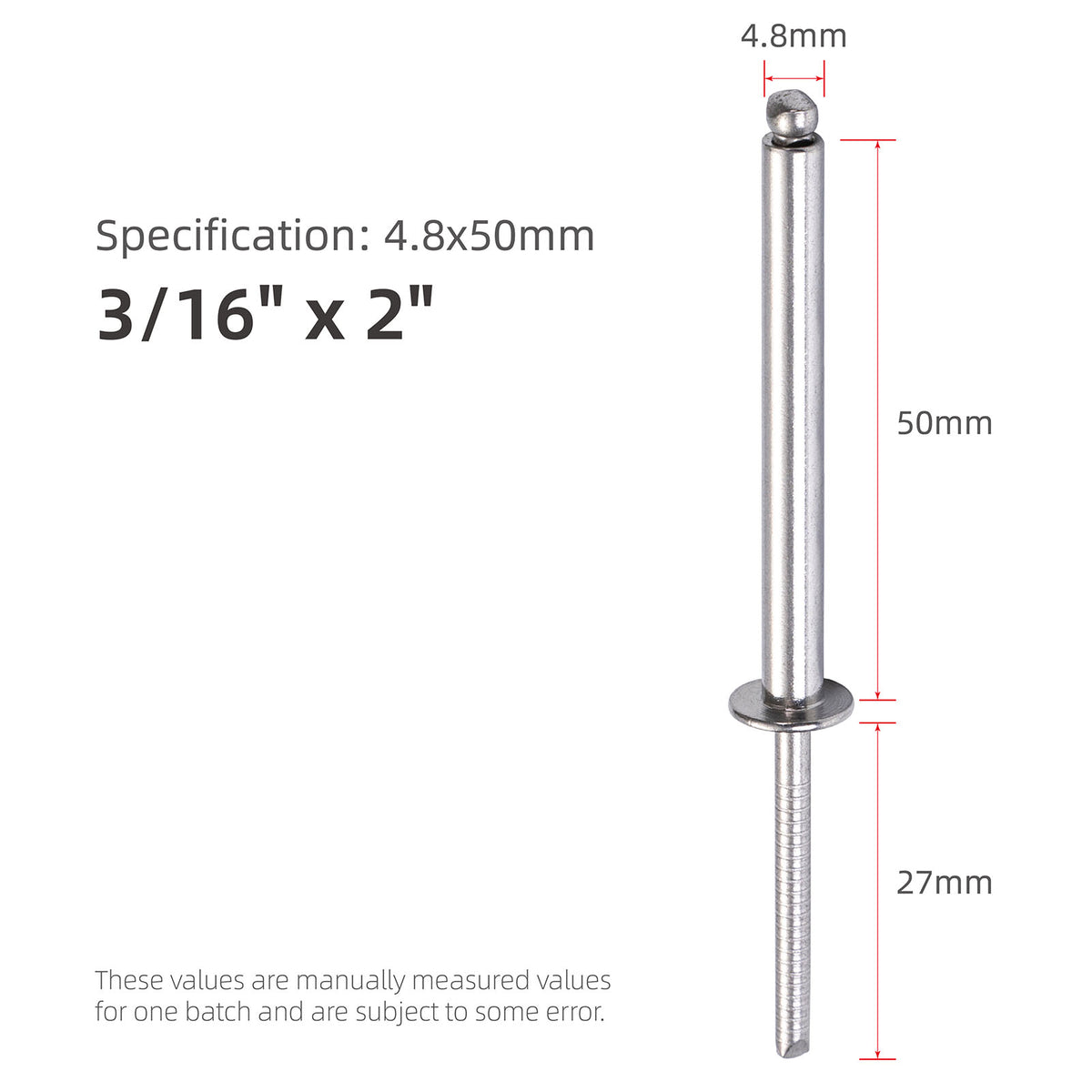 Stainless Steel Extra-Long Blind Rivets, Extended-Length Pop Rivets with Stainless Steel Body and Mandrel, Corrosion-Resistant