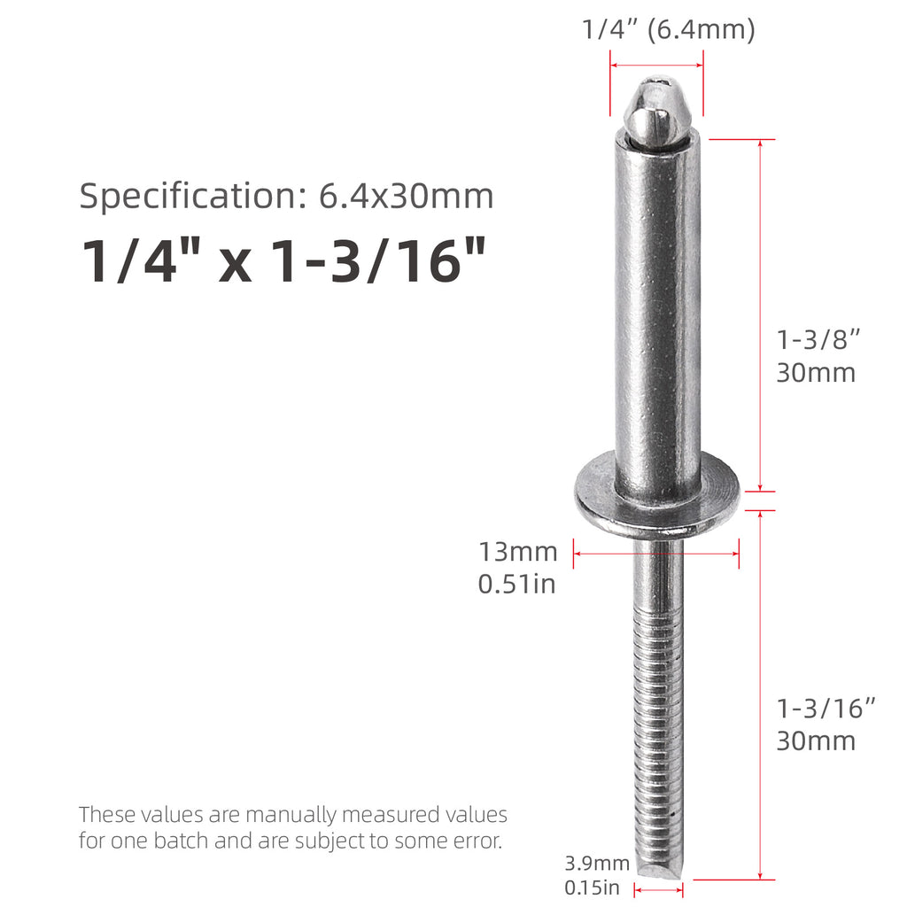 Extralange Edelstahl-Blindnieten, 1/4" (6,4 mm) Durchmesser