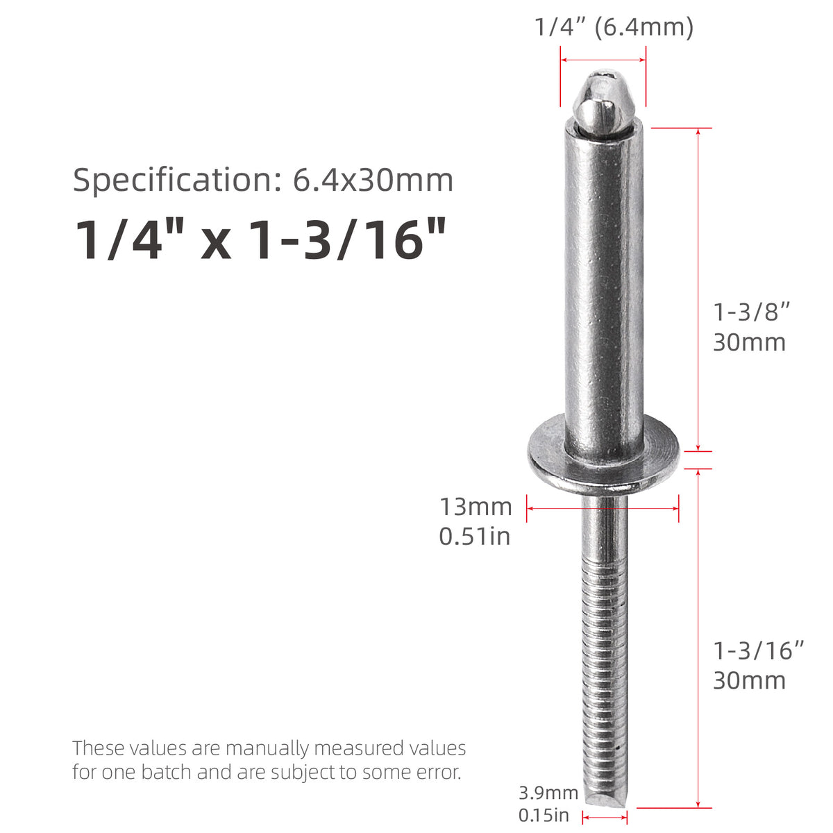 Extra-Long Blind Rivets, 1/4" (6.4mm) Diameter, All-Stainless Steel Extended-Length Pop Rivets