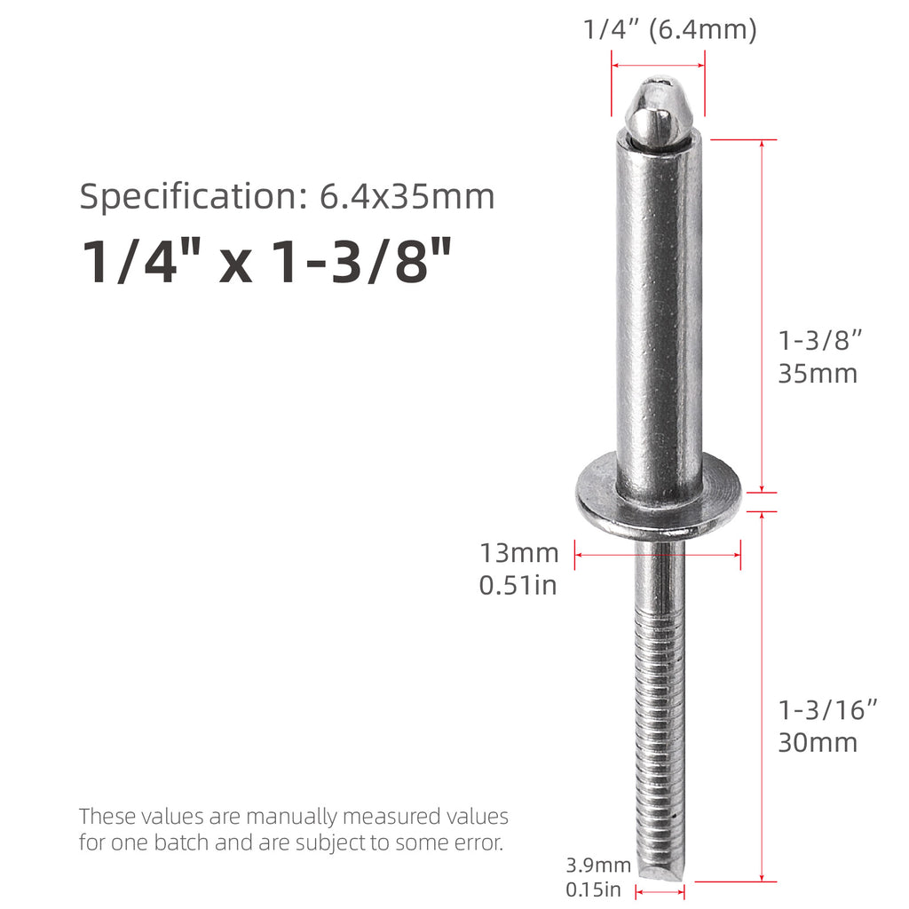 Extralange Edelstahl-Blindnieten, 1/4" (6,4 mm) Durchmesser