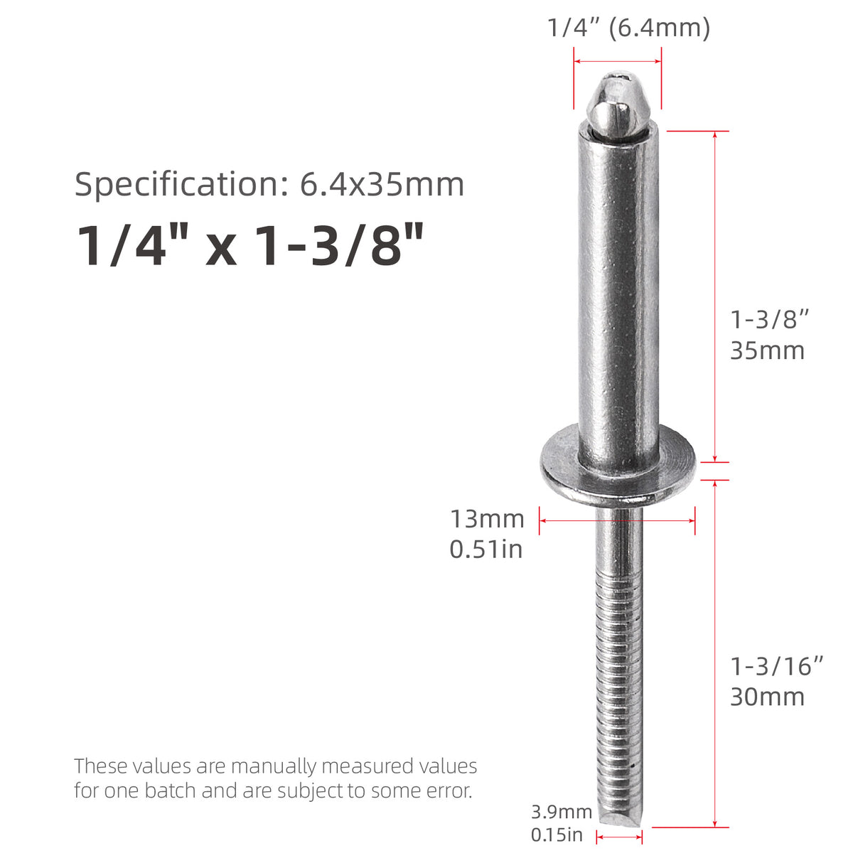 Extra-Long Blind Rivets, 1/4" (6.4mm) Diameter, All-Stainless Steel Extended-Length Pop Rivets