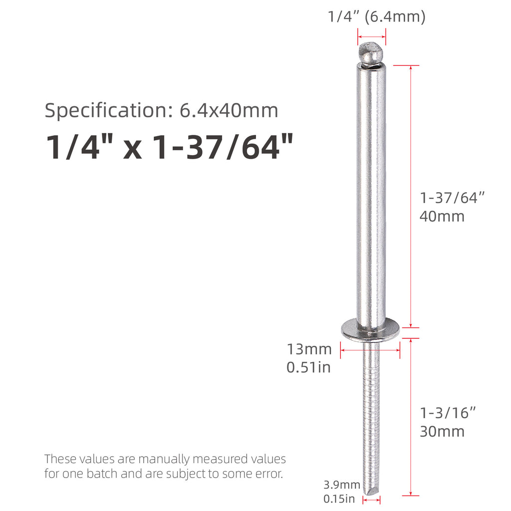 Extralange Edelstahl-Blindnieten, 1/4" (6,4 mm) Durchmesser