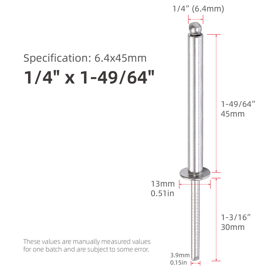 Extralange Edelstahl-Blindnieten, 1/4" (6,4 mm) Durchmesser