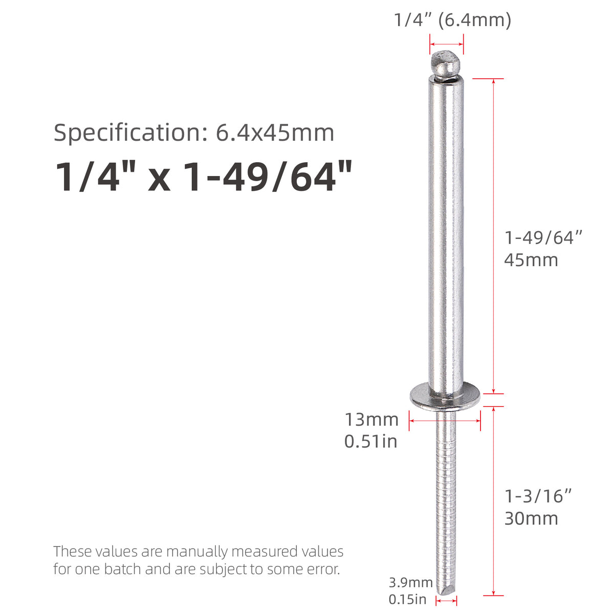 Extra-Long Blind Rivets, 1/4" (6.4mm) Diameter, All-Stainless Steel Extended-Length Pop Rivets