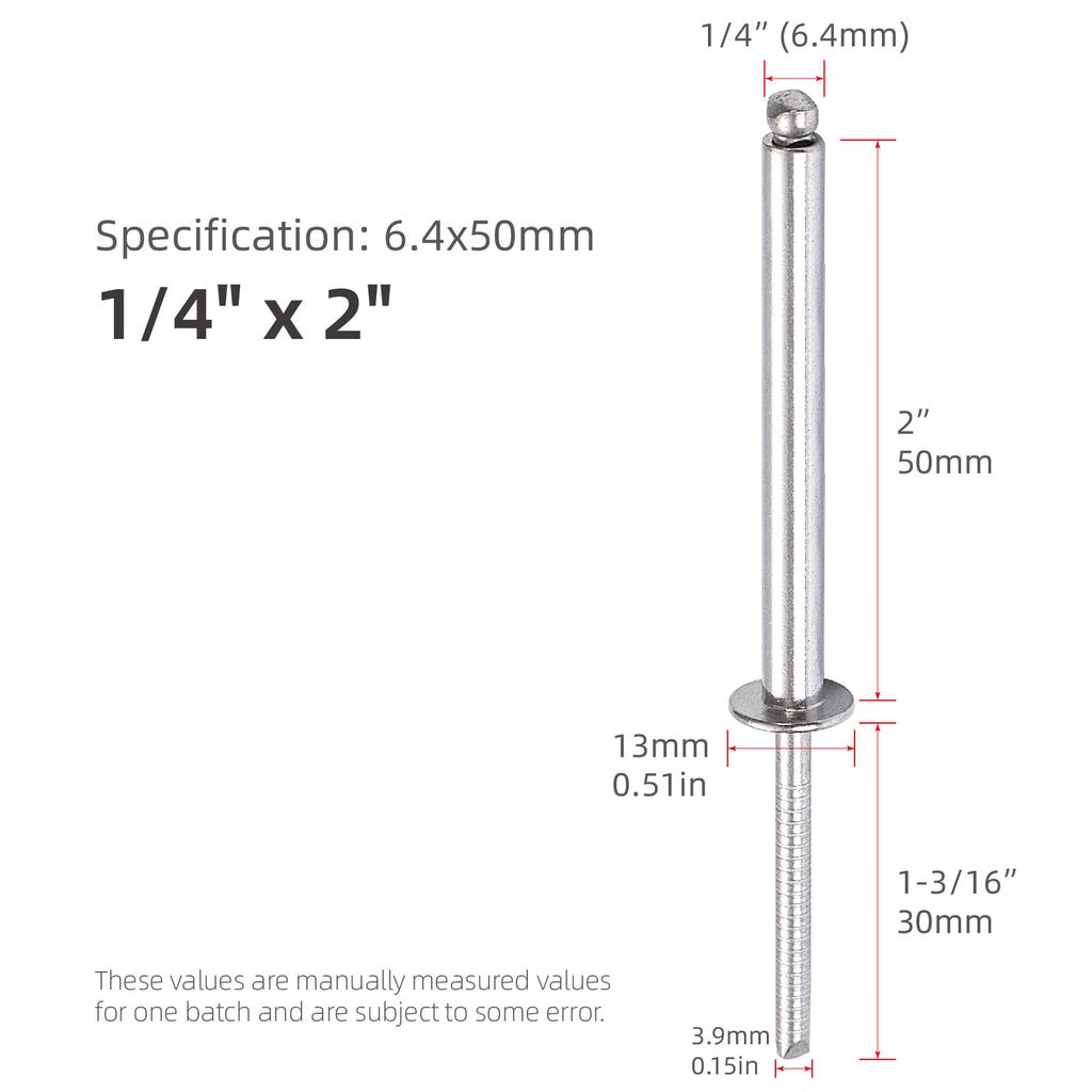 Extralange Edelstahl-Blindnieten, 1/4" (6,4 mm) Durchmesser