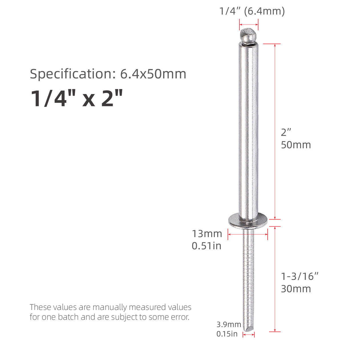 Extra-Long Blind Rivets, 1/4" (6.4mm) Diameter, All-Stainless Steel Extended-Length Pop Rivets