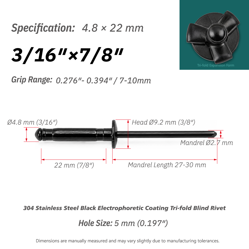 Schwarz E-beschichtete Dreifachspreiz-Blindnieten aus Edelstahl 304, 3/16" × 7/8"