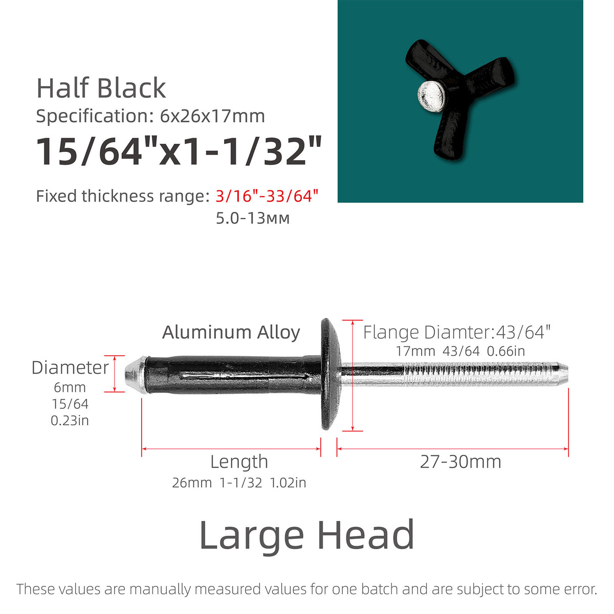 Tri-Fold Large-Head Aluminum Blind Rivets, Large-Flange Exploding Pop Rivets for Automotive Panels, Plastic and Soft Materials