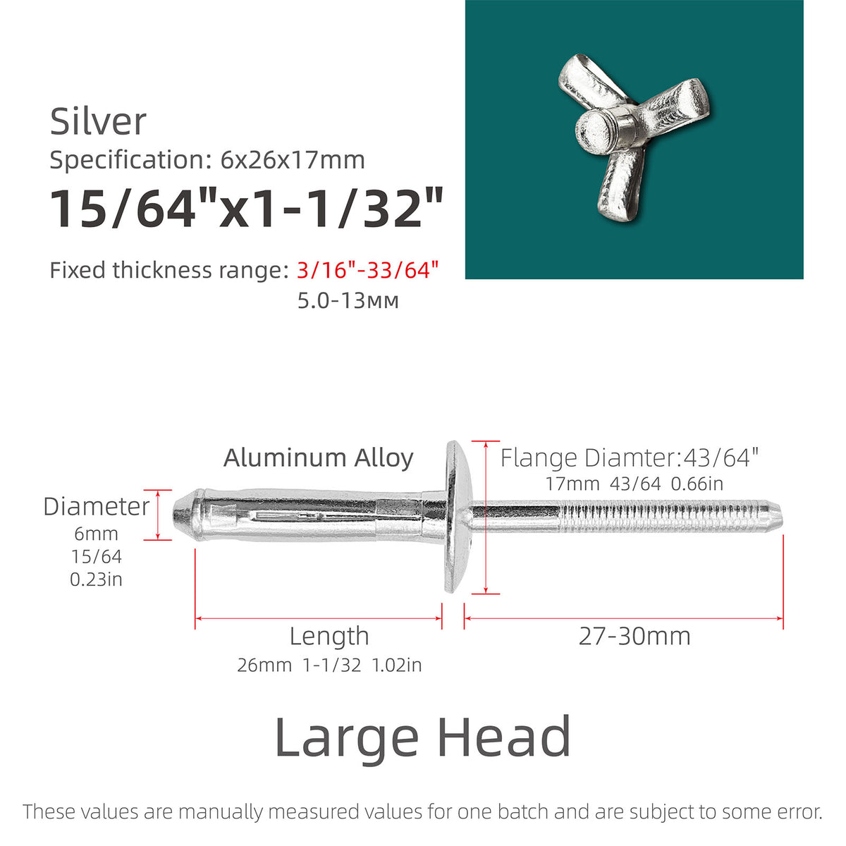 Tri-Fold Large-Head Aluminum Blind Rivets, Large-Flange Exploding Pop Rivets for Automotive Panels, Plastic and Soft Materials