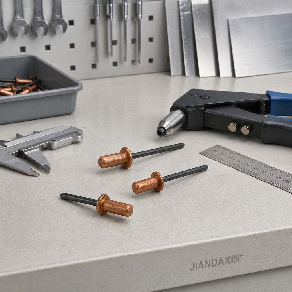 Three closed-end copper blind rivets with steel mandrels lie on a clean light-colored workbench beside a hand rivet tool, caliper, ruler, and metal panels.