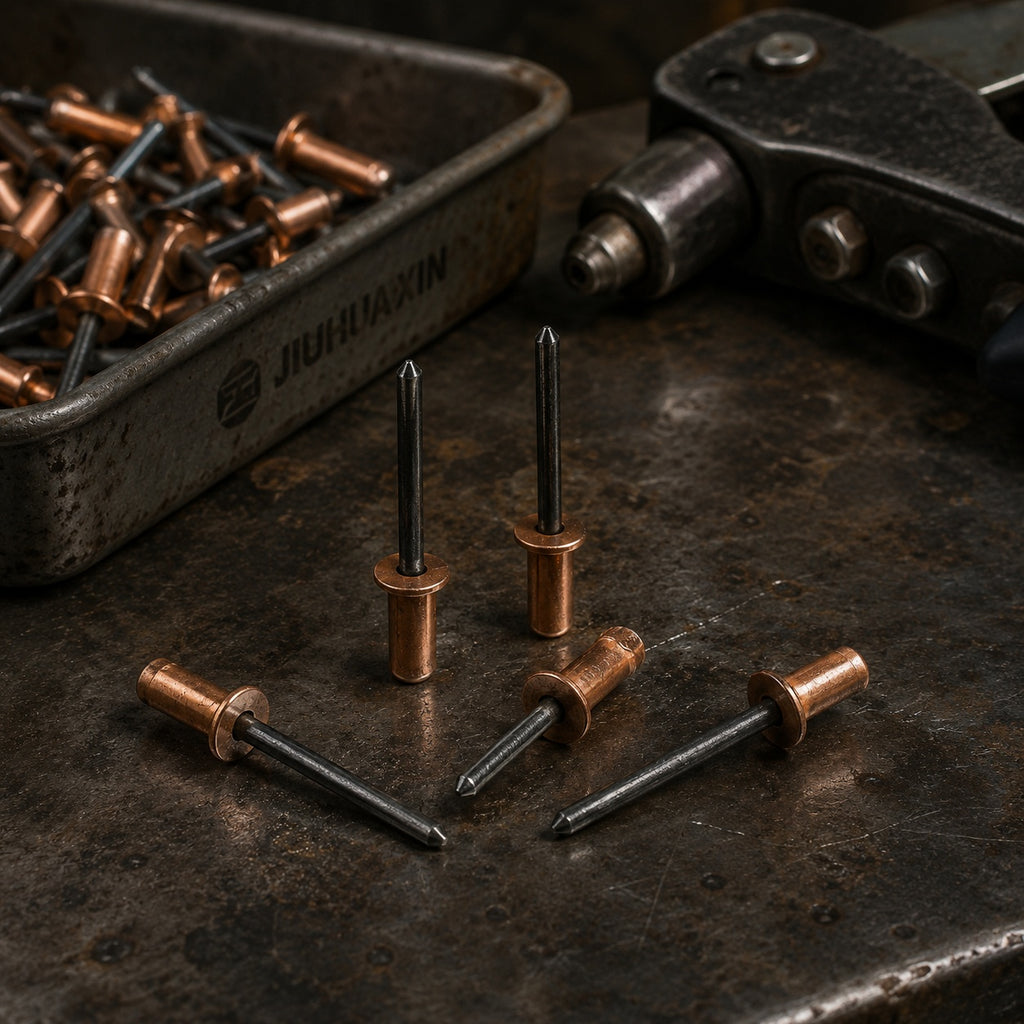 Five closed-end copper blind rivets with steel mandrels are arranged on a dark metal workbench beside a rivet tool and a parts tray.