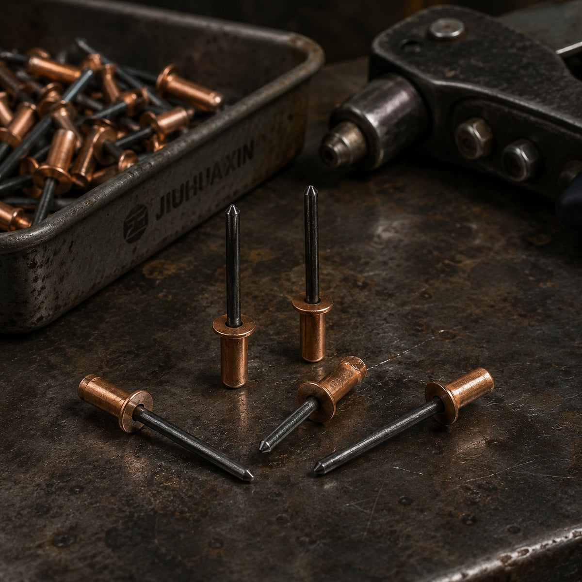 Five closed-end copper blind rivets with steel mandrels are arranged on a dark metal workbench beside a rivet tool and a parts tray.