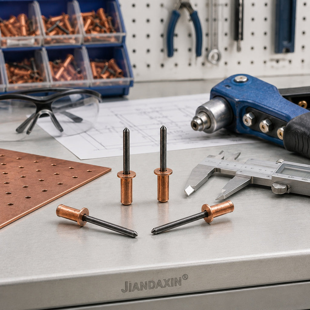 Four closed-end copper blind rivets with steel mandrels are displayed on a sheet-metal fabrication workbench with a rivet tool, caliper, perforated copper sheet, and safety glasses.