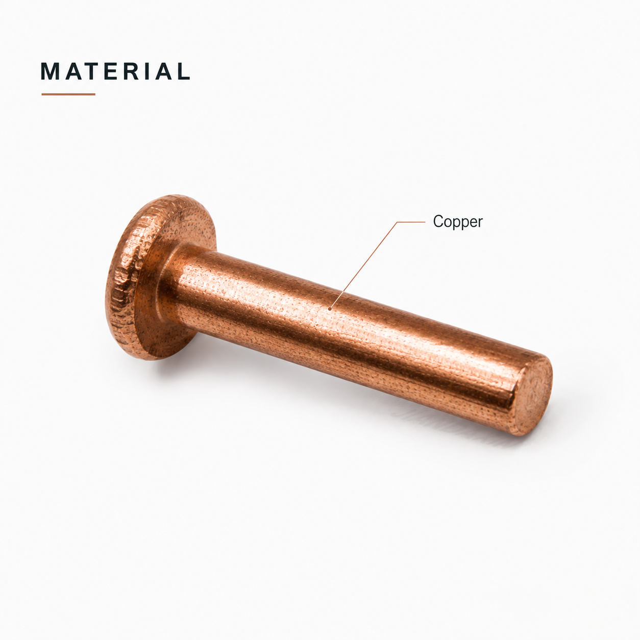 Copper solid rivet on a white background with a callout identifying its copper construction.