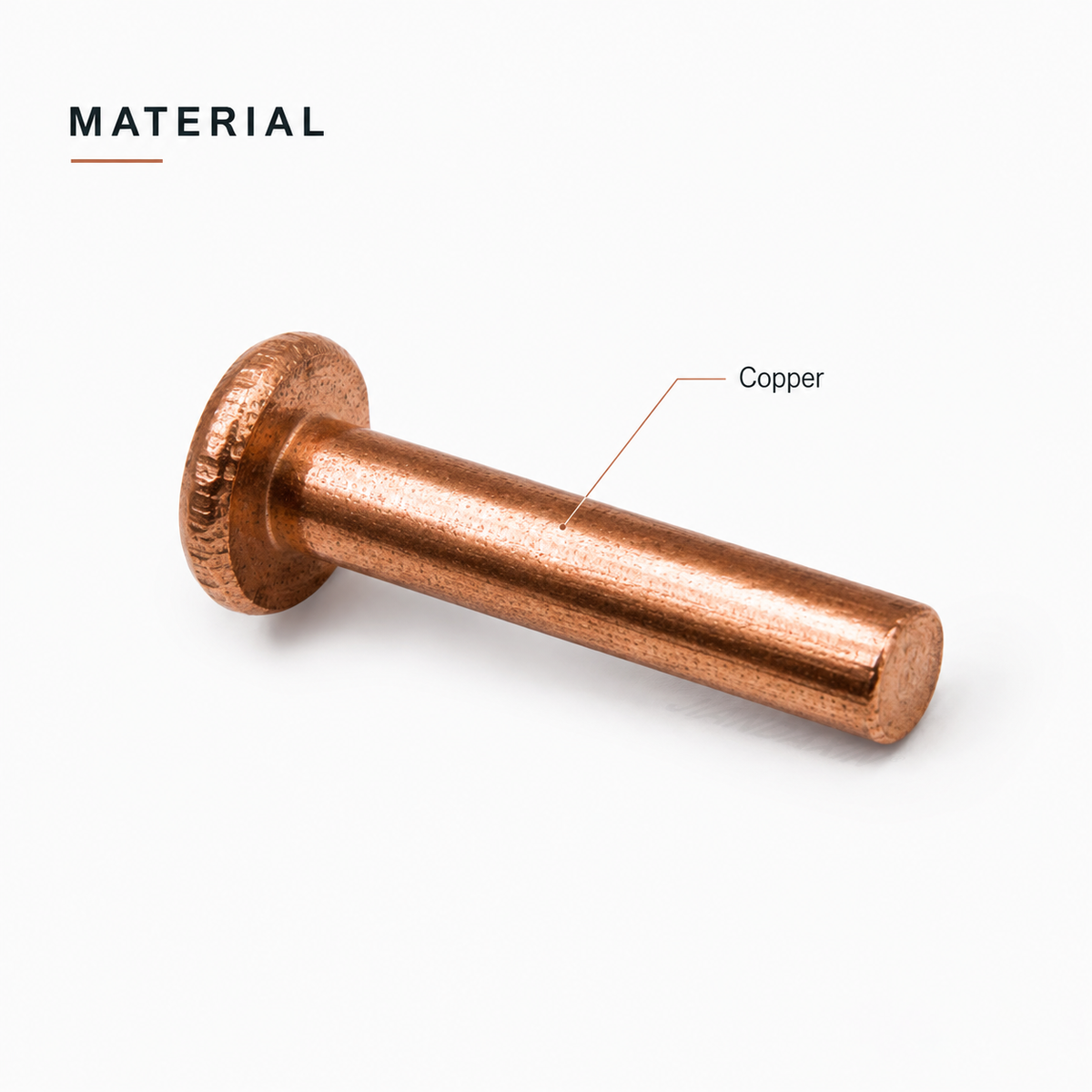 Copper solid rivet on a white background with a callout identifying its copper construction.