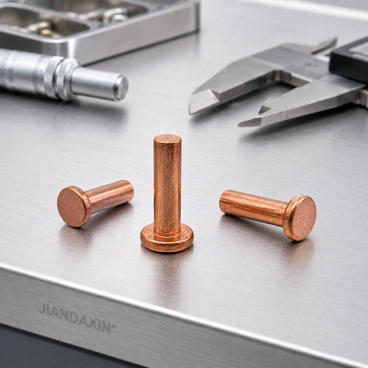 Three copper solid rivets displayed on a clean metal inspection bench with precision measuring tools in the background.
<br>