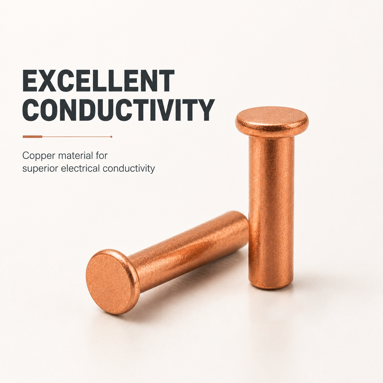Two copper solid rivets arranged on a clean white background with an excellent conductivity feature statement.
<br>