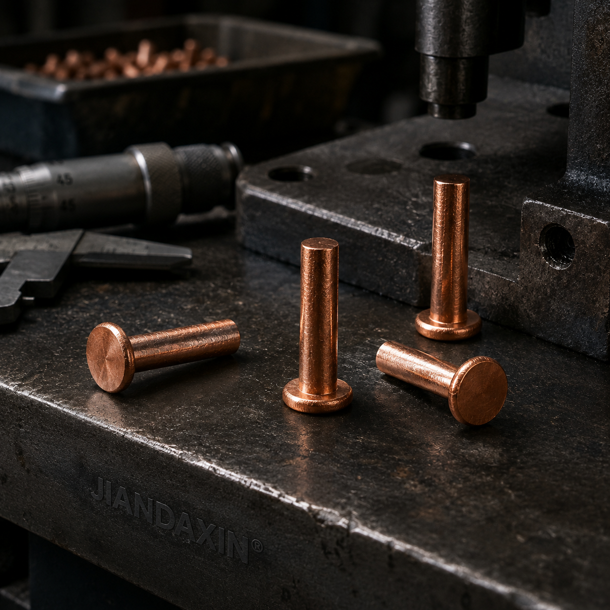 Four copper solid rivets arranged on a dark metal workshop bench beside inspection and process-preparation equipment.
