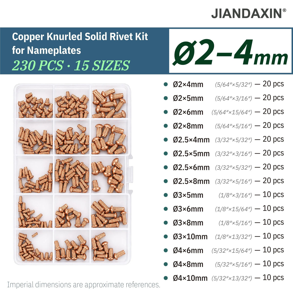 Copper knurled solid rivet kit for nameplates, 230 pieces in 15 sizes