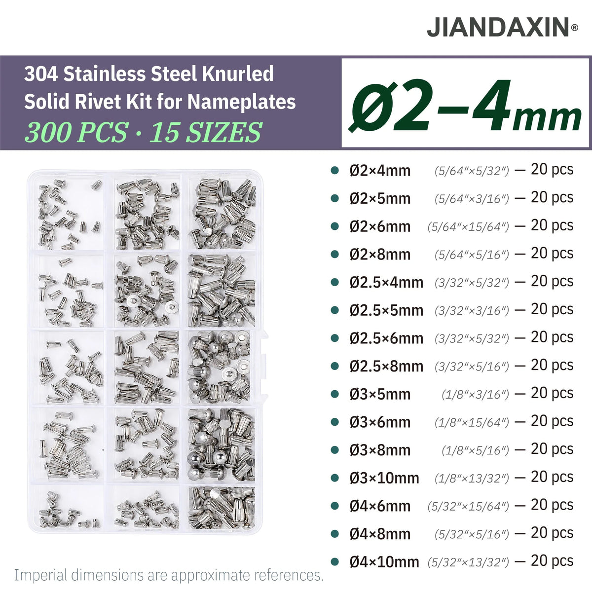 304 stainless steel knurled solid rivet kit for nameplates, 300 pieces in 15 sizes