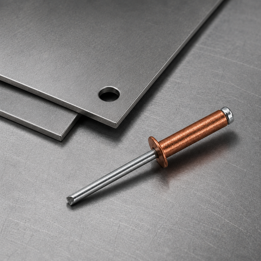 Red copper open-end blind rivet with a zinc-plated steel mandrel beside drilled sheet-metal panels.