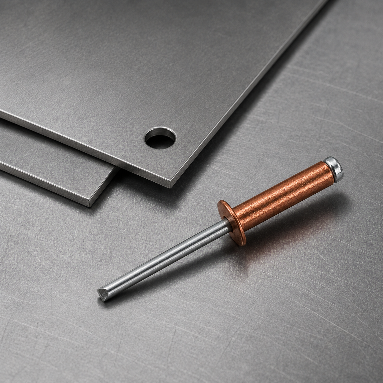 Red copper open-end blind rivet with a zinc-plated steel mandrel beside drilled sheet-metal panels.