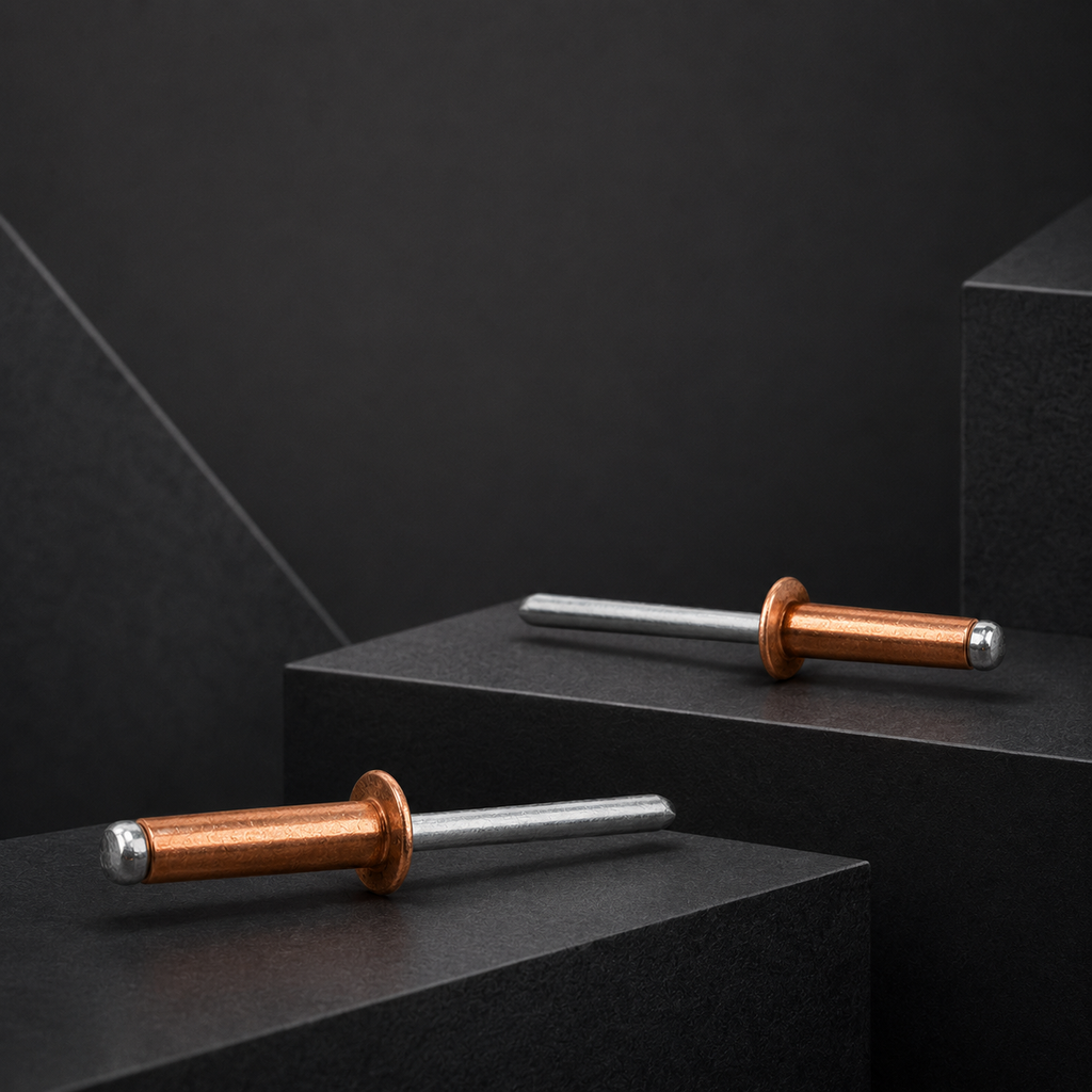 Two red copper open-end blind rivets arranged across layered dark geometric platforms.