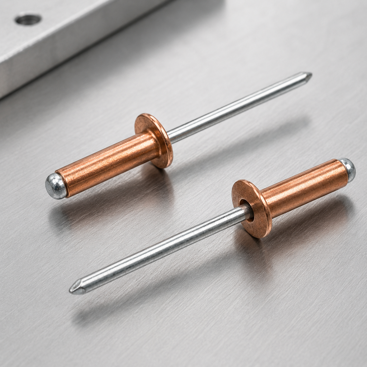 Two red copper open-end blind rivets with zinc-plated carbon steel mandrels on a light metal surface.
