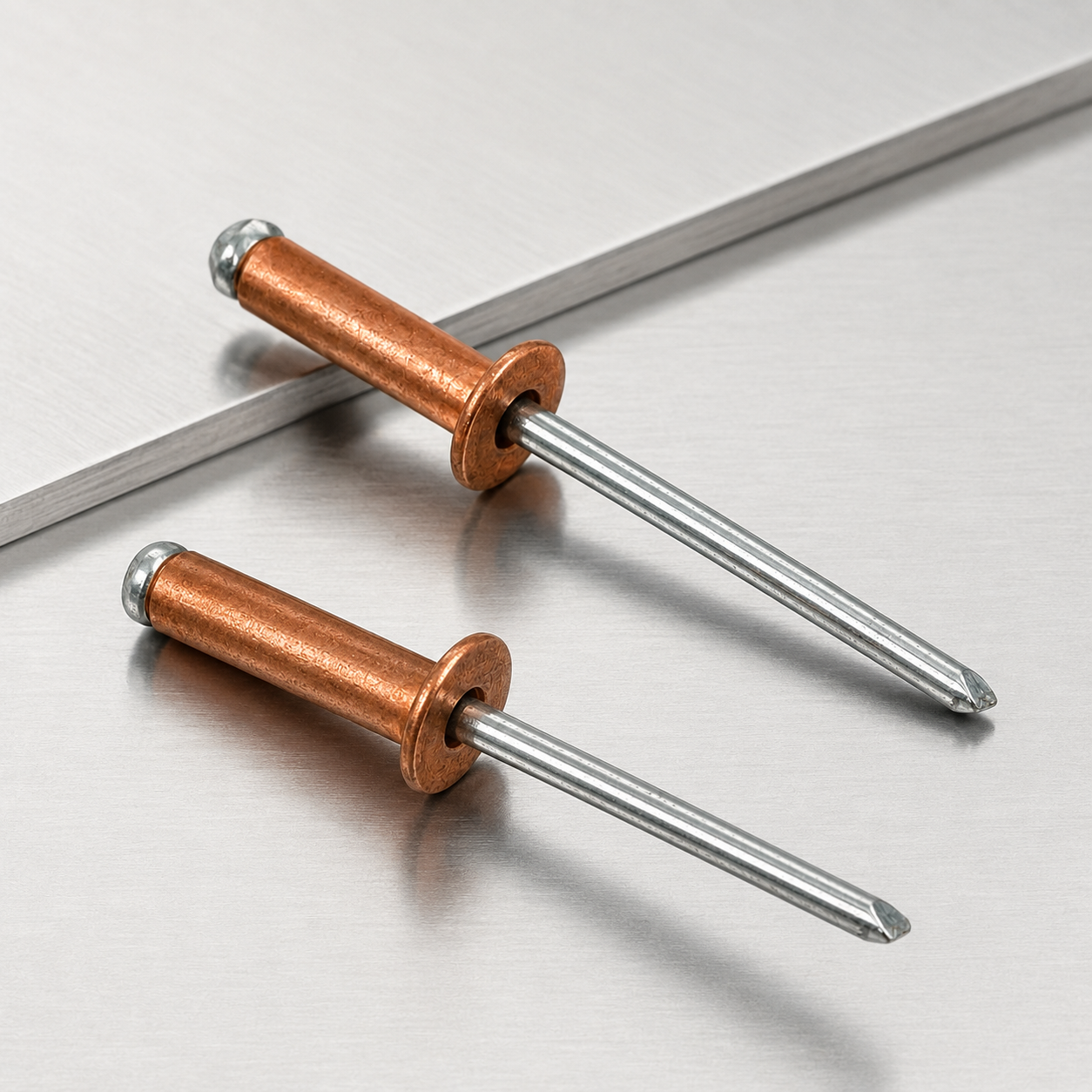 Two red copper open-end blind rivets with zinc-plated carbon steel mandrels on a minimal light-gray stage.