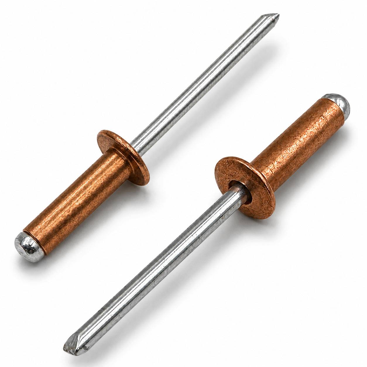 Pair of open-end dome-head blind rivets with red copper bodies and zinc-plated carbon steel mandrels on a white background.