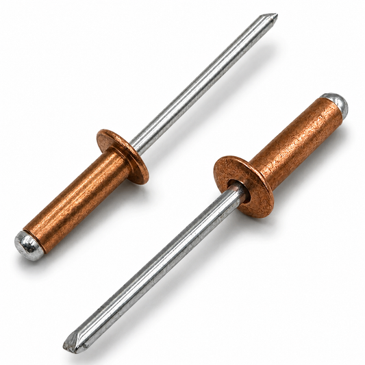 Pair of open-end dome-head blind rivets with red copper bodies and zinc-plated carbon steel mandrels on a white background.