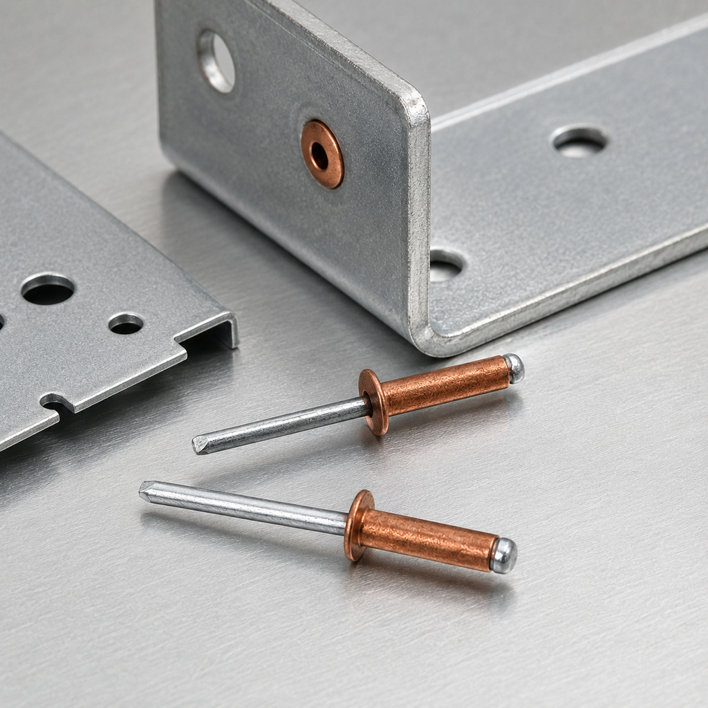 Red copper open-end blind rivets displayed beside formed sheet-metal parts and drilled mounting holes.