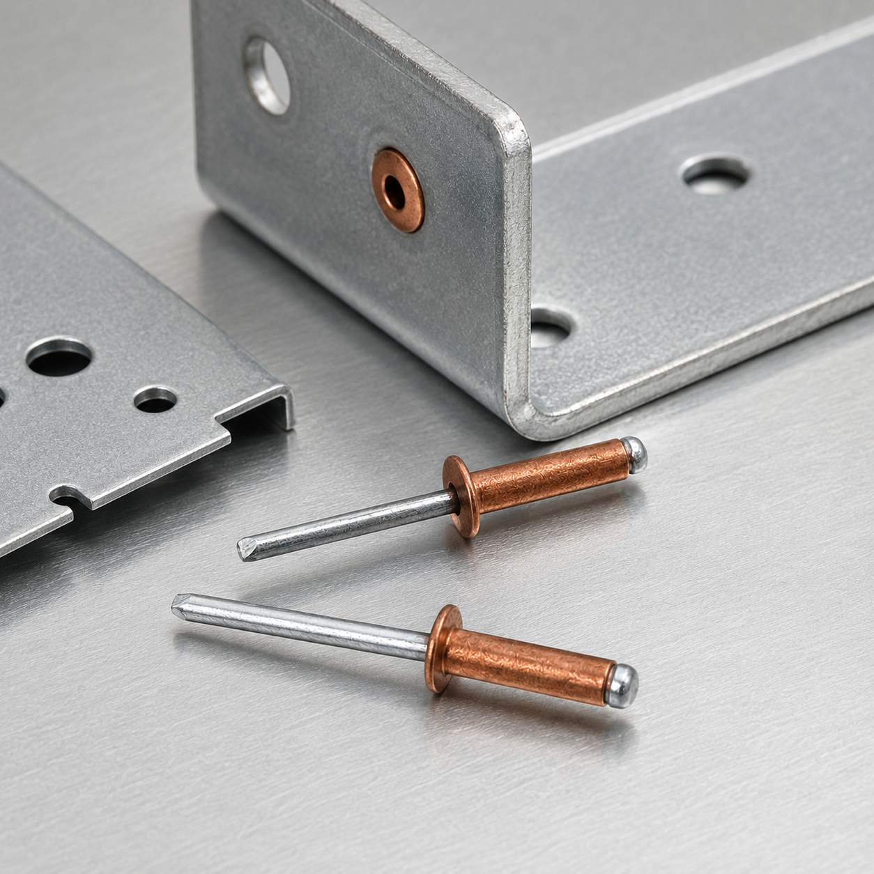 Red copper open-end blind rivets displayed beside formed sheet-metal parts and drilled mounting holes.