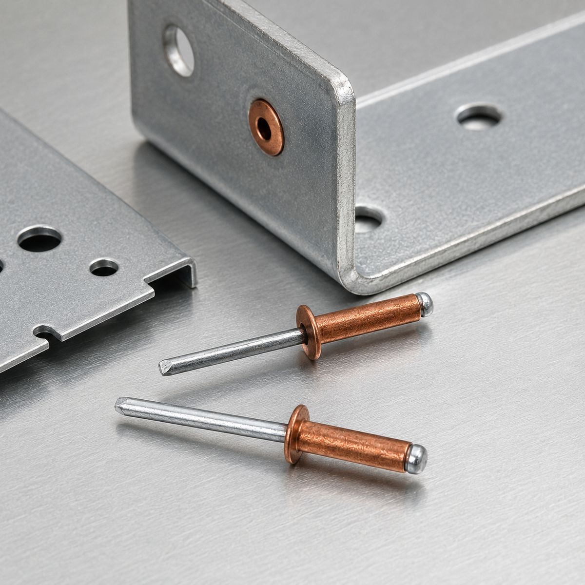 Red copper open-end blind rivets displayed beside formed sheet-metal parts and drilled mounting holes.