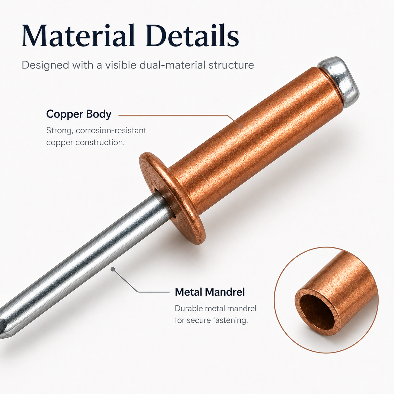 Material detail graphic identifying the red copper rivet body and zinc-plated carbon steel mandrel of an open-end blind rivet.