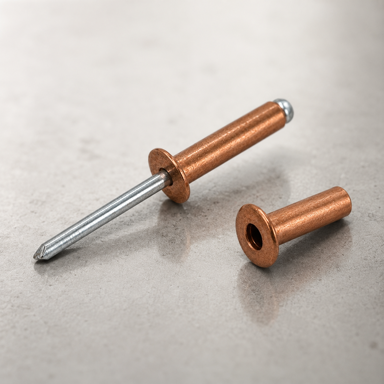 Assembled red copper blind rivet and separate open-end rivet body displayed on a light metal surface.