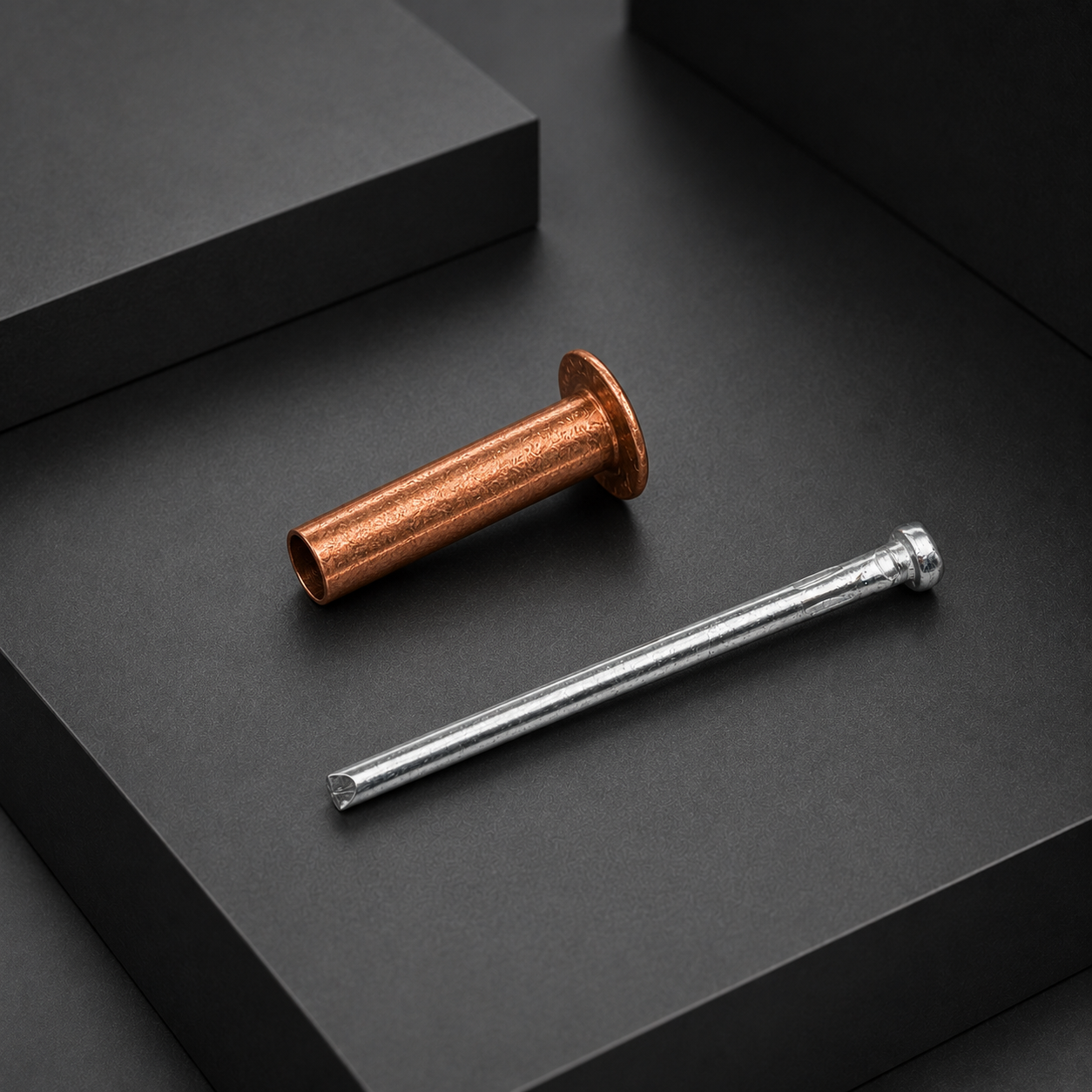 Separated red copper rivet body and zinc-plated carbon steel mandrel arranged on a dark geometric stage.