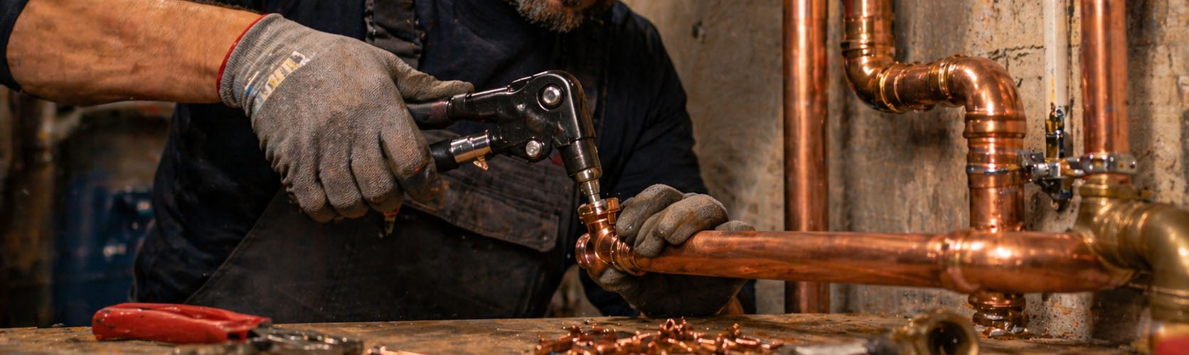 Technician installing a blind rivet on copper piping with a hand rivet tool in a workshop.